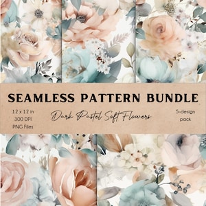 Dark Pastel Soft Flowers Seamless Pattern Bundle Floral Watercolor Collection Commercial Use Printable Scrapbook Digital Papers Background