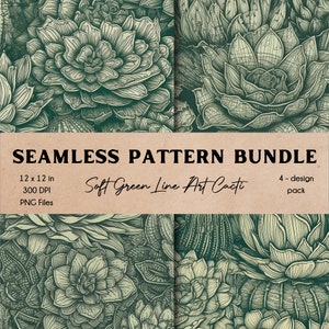 Weiches Grün Line Art Kakteen Digitales Papier Set Nahtlose Muster Bundle Sofortiger digitaler Download Elegante Ästhetische Blumen Motive 4er-Pack Design