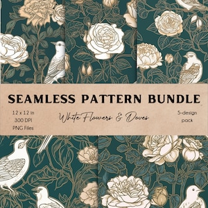 Weiße Blumen & Tauben mit Blattgold Details Digital Paper Pack Seamless Tile Pattern Bundle PNG Download Instant Access Druckbares Papier Set