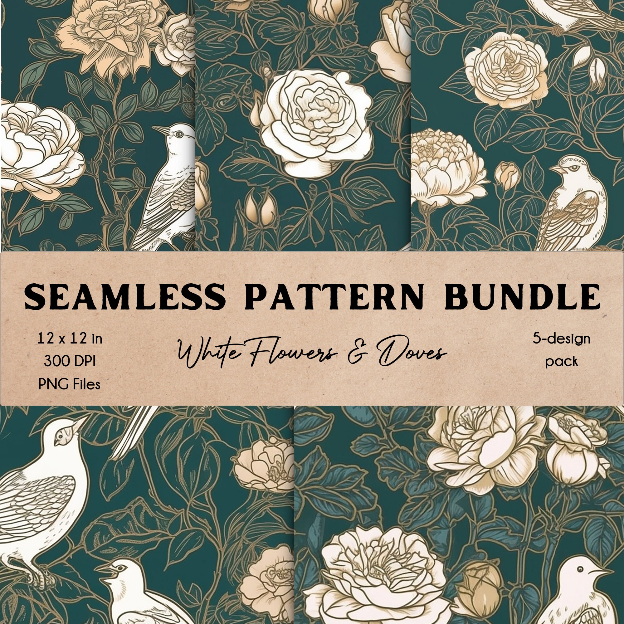 White Flowers &amp; Doves With Gold Leaf Details Digital Paper Pack ...