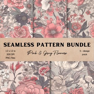 Rosa und graue Blumen Digitale Papiere Set Nahtlose Muster Bundle Sofortiger digitaler Download Sauberes Blumenmuster Fünferpack Elegantes Blumenmotiv