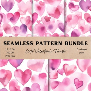 Lindo paquete de papel digital de corazones de San Valentín rosa sin costuras conjunto de patrones sin fin Descarga instantánea de fondo de azulejos con temática de amor Clipart 5-Pack
