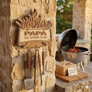 Support BBQ personnalisé – Crochets ustensiles – Cadeau fête des pères – Papa / Beau-papa / Prénom – Barbecue