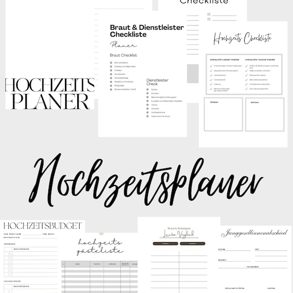 Wedding planner German, wedding planner digital, wedding planner PDF, wedding checklist, wedding planner digital German, A4, A5