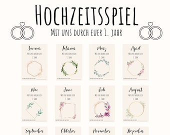 Hochzeitsspiel mit uns durch euer 1. Jahr, Spiel für die Hochzeit, PDF A6, Gutscheine für das Brautpaar, Geschenk zur Hochzeit, digital