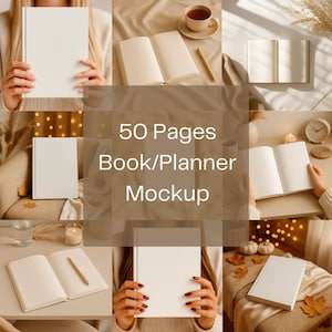 Könnte beinhalten: Eine Sammlung von Bildern, die ein Mockup für ein leeres Buch oder einen Planer zeigen. Die Bilder zeigen das Buch in verschiedenen Umgebungen, darunter gehalten von einer Person, offen auf einem Tisch und auf einem Bett. Der Text "50 Pages Book/Planner Mockup" ist über den Bildern eingeblendet.