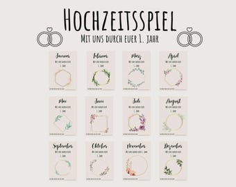Hochzeitsspiel mit uns durch euer 1. Jahr, Spiel für die Hochzeit, PDF A6, Gutscheine für das Brautpaar, Geschenk zur Hochzeit, digital