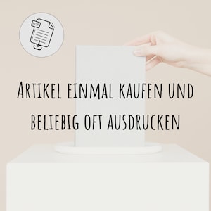 May include: A white envelope is being held by a hand, with the text "ARTIKEL EINMAL KAUFEN UND BELIEBIG OFT AUSDRUCKEN" below it. A white pedestal with a rounded top sits below the envelope. A white circle with a black icon of a PDF document with a downward arrow is in the top left corner of the image.