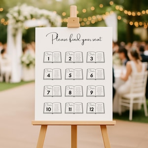 May include: A white sign on a wooden easel with the text "Please find your seat." Below are twelve book illustrations, each with a chapter number. The sign is at an outdoor event with blurred background details.