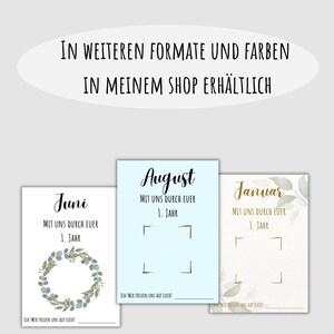 May include: Three cards featuring the months of June, August, and January. The cards have a white background with text and decorative elements. The text on the cards reads "MIT UNS DURCH EUER 1. JAHR" and "ICH/WIR FREUEN UNS AUF EUCH!"