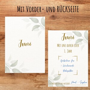 May include: Two white cards with gold text and watercolor leaf accents. The first card reads "Juni" in gold script. The second card has text in German, including "Juni" and "1. Jahr", with a babysitting voucher.