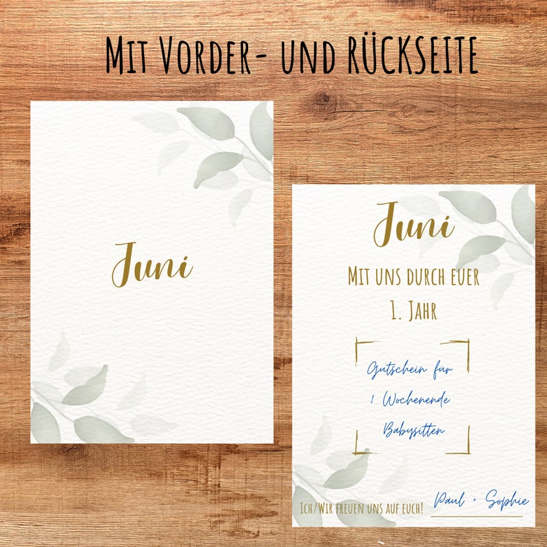 May include: Two white cards with gold text and watercolor leaf accents. The first card reads "Juni" in gold script. The second card has text in German, including "Juni" and "1. Jahr", with a babysitting voucher.