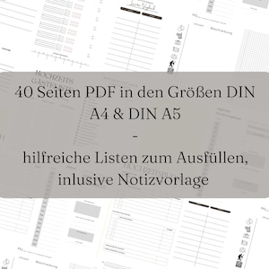 May include: A printable wedding planner in PDF format, available in A4 and DIN A5 sizes. The planner includes checklists, guest lists, and budget trackers. The text on the cover reads "40 Seiten PDF in den Gr&ouml;&szlig;en DIN A4 & DIN A5" and "hilfreiche Listen zum Ausf&uuml;llen, inklusive Notizvorlage".