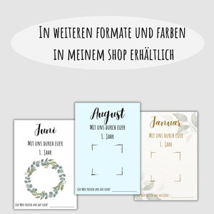 May include: Three printable calendar pages for June, August, and January. Each page features a floral wreath design and the text "MIT UNS DURCH EUER 1. JAHR" (German for "With us through your 1st year").