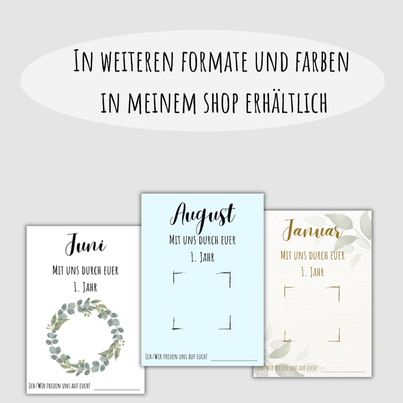 May include: Three printable calendar pages for June, August, and January. Each page features a floral wreath design and the text "MIT UNS DURCH EUER 1. JAHR" (German for "With us through your 1st year").