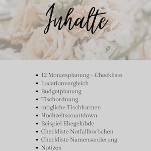 May include: A list of wedding planning topics, including 12-month planning, location comparison, budget planning, table arrangements, wedding countdown, sample vows, emergency kit checklist, name change checklist, notes, and more.