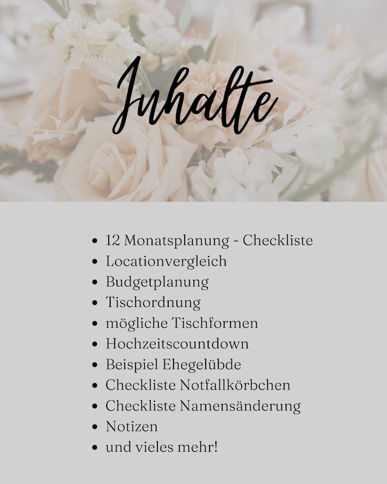 May include: A list of wedding planning topics, including 12-month planning, location comparison, budget planning, table arrangements, wedding countdown, sample vows, emergency kit checklist, name change checklist, notes, and more.