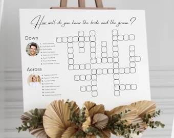 May include: A printable wedding game crossword puzzle with a white background and black lines. The title is "How well do you know the bride and the groom?" with a handwritten font. The crossword puzzle has 16 clues, with 8 clues listed under "Down" and 8 clues listed under "Across". The clues are about the bride and groom. There are two small photos of the bride and groom in the top left and bottom left corners of the crossword puzzle.