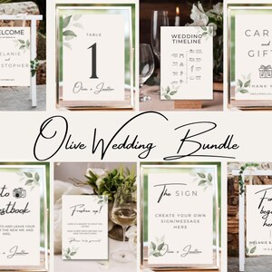 Könnte beinhalten: Eine Auswahl an Hochzeitsschildern mit eleganter Kalligraphie und botanischen Akzenten. Schilder umfassen "Willkommen", "Tisch 1", "Hochzeitszeitplan", "Karten und Geschenke", "Fotogästebuch", "Erfrischen Sie sich", "Das Schild" und "Für immer beginnt hier".