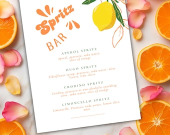 Spritz Bar Sign | Aperol Spritz Sign | Limoncello Hugo Spritz Printable | Wedding Bar | Cocktail Menu | Wedding Stationery | Canva Template