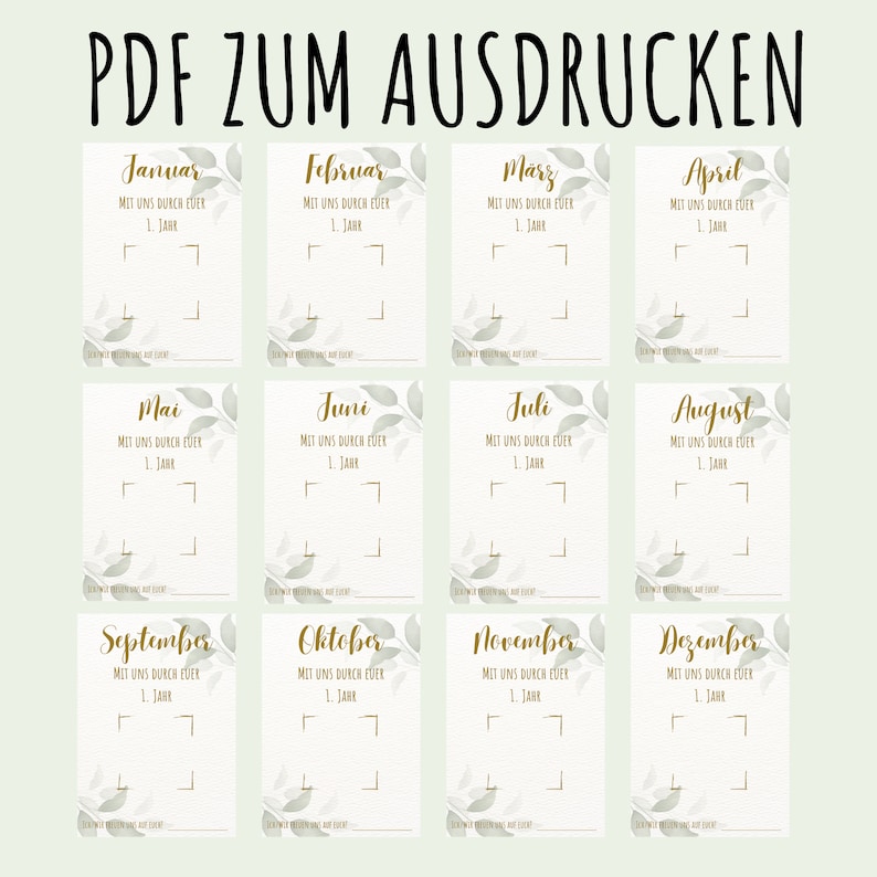 May include: A printable PDF calendar with a pale green background. Each month is displayed on a separate card with gold text and leaf accents. The text at the top reads "PDF ZUM AUSDRUCKEN".