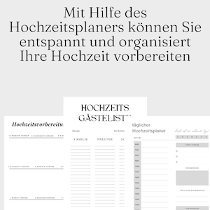 May include: A printable wedding planner checklist with sections for guest list, daily schedule, and to-do lists. The planner has a minimalist design with black text on a white background.