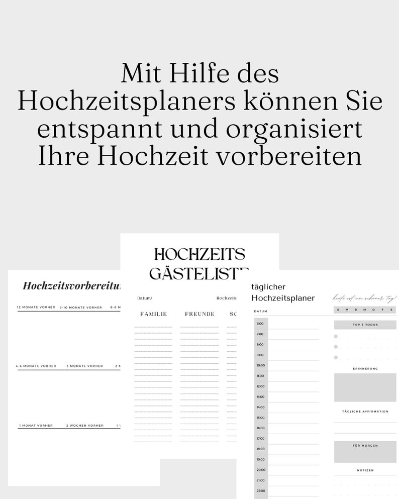 May include: A printable wedding planner checklist with sections for guest list, daily schedule, and to-do lists. The planner has a minimalist design with black text on a white background.