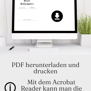 May include: A computer screen displaying a download button and the text "Unsere Hochzeitspl&auml;ne" (Our Wedding Plans) with the text "PDF herunterladen und drucken" (Download and print PDF) and "Mit dem Acrobat Reader kann man die PDF auch bearbeiten" (With the Acrobat Reader you can also edit the PDF) below the screen.