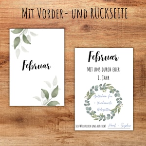 May include: Two white cards with green watercolor leaves and the word "February" printed on them. The card on the right has the text "MIT UNS DURCH EUER 1. JAHR" and "Gutschein fur 1 Wochenende Babysitten" with the names "Paul & Sophie" at the bottom.