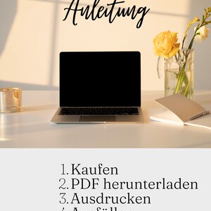 May include: A laptop computer with a blank screen sits on a white desk with a notebook, a glass of water, and a candle. The text "Anleitung" is written in black above the laptop. Below the laptop, a list of instructions is written in black: 1. Kaufen, 2. PDF herunterladen, 3. Ausdrucken, 4. Ausf&uuml;llen.