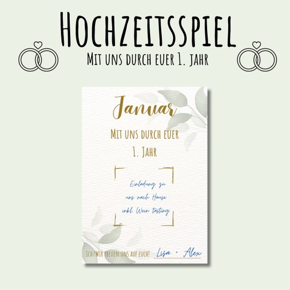 Hochzeitsspiel mit uns durch euer 1. Jahr, Spiel für die Hochzeit, PDF A6, Gutscheine für das Brautpaar, Geschenk zur Hochzeit, digital
