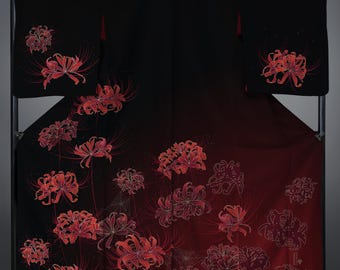 kimono &quot;higanbana” polyester kimono / cotton yukata / plus size / custom size