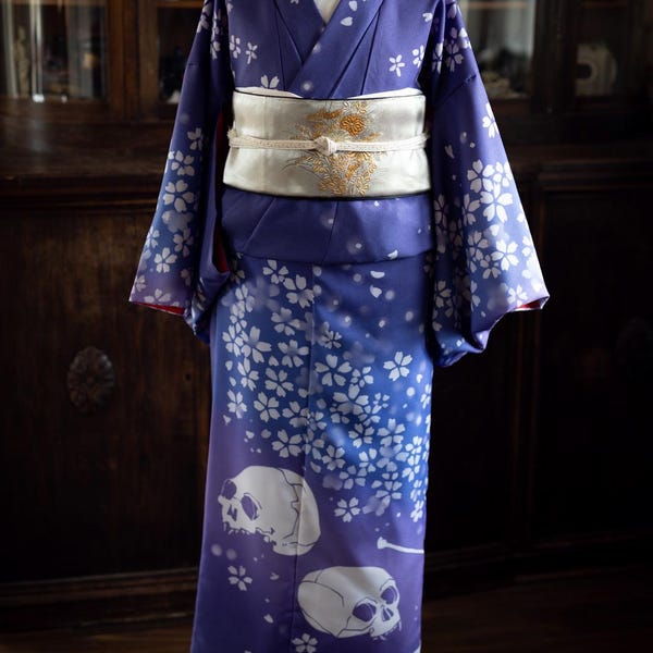 Sakura Kimono: Handprinted  Yukata with Skulls