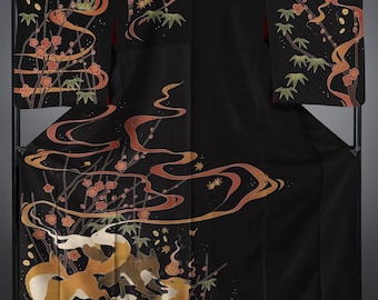 Kitsune Kimono Polyester or Cotton Yukata with Handprinted Design