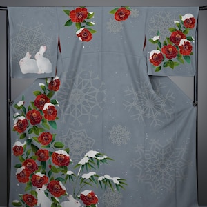 kimono "winter tsubaki“ polyester kimono / cotton yukata / plus size / custom size