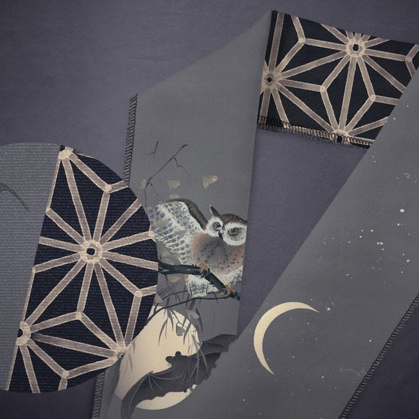 Cotton haneri ‘Ohara Koson - owls’ / kimono collar / yukata