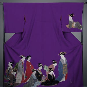 kimono "purple bijinga - with art by Yamagouchi Soken“ polyester kimono / cotton yukata / plus size / custom size