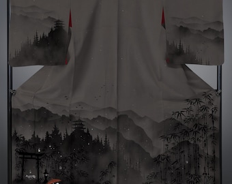 May include: A gray kimono with a black and white mountain and bamboo forest design. The kimono features a red and white pagoda and a group of people walking through the forest.