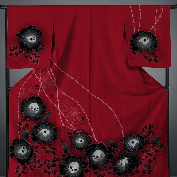 Handprinted Skull Floral Kimono, Plus Size Polyester Yukata