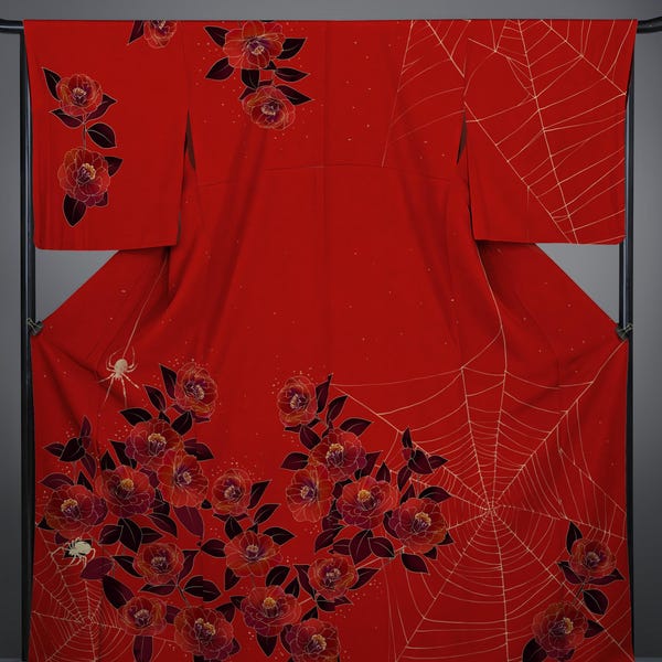 Red Tsubaki Kimono, Floral Polyester Yukata, Custom Size