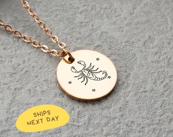 Custom Scorpio Necklace, Personalized Zodiac Jewelry, Round Stainless Steel Pendant, Charm with Engraving Options