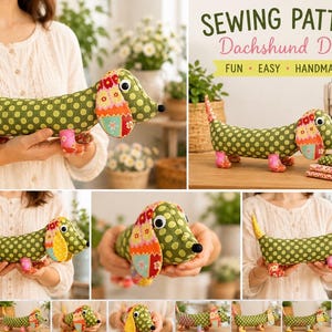 May include: A stuffed dachshund dog toy made from olive green fabric with a yellow polka dot pattern. The ears and feet feature a colorful floral patchwork design. The toy has black button eyes and a black nose. Text reads SEWING PATTERN.