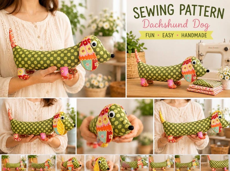 May include: A stuffed dachshund dog toy made from olive green fabric with a yellow polka dot pattern. The ears and feet feature a colorful floral patchwork design. The toy has black button eyes and a black nose. Text reads SEWING PATTERN.