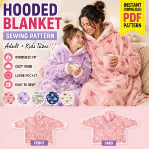 May include: A digital sewing pattern for a hooded blanket in adult and kids sizes. The image displays a pink heart-patterned blanket and a purple star-patterned blanket, each with a large front pocket, a hood, and white interior lining.
