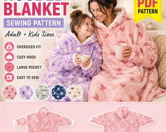 May include: A digital sewing pattern for a hooded blanket in adult and kids sizes. The image displays a pink heart-patterned blanket and a purple star-patterned blanket, each with a large front pocket, a hood, and white interior lining.
