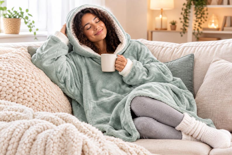 Puede incluir: Una sudadera con capucha de gran tama&ntilde;o en color verde salvia con forro de vell&oacute;n sherpa blanco, mangas largas con pu&ntilde;os acanalados y un bolsillo frontal grande. La prenda est&aacute; hecha de una tela suave y afelpada con una capucha.