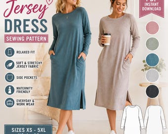 May include: A digital sewing pattern for a ladies jersey dress featuring a relaxed fit, long sleeves, side pockets, and side slits. The pattern includes sizes XS to 5XL, US 4 to 28, and is presented as a PDF instant download with visual examples.
