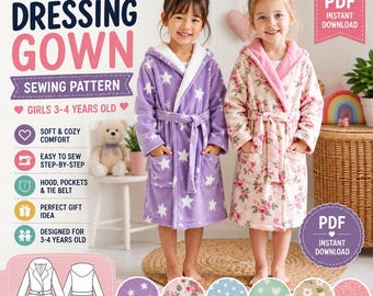 Puede incluir: Un patrón de costura para bata de niño, talla 3-4 años, con el texto: COZY KIDS DRESSING GOWN SEWING PATTERN. La imagen muestra a dos niños con batas: una morada con estrellas blancas y una rosa con estampados florales.