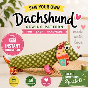 Teckel naaipatroon, hond pluche pdf-patroon, naaipatroon knuffeldier, gemakkelijk doe-het-zelf knuffeldier, Instant Download