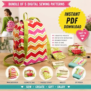Pacote de Moldes para Mochila em PDF | Moldes para Mini Mochila, Bolsa, Carteira e Necessaire | Tutorial de Costura de Bolsas DIY | Download Instantâneo